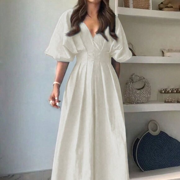 Apricot Casual Women's V-Neck Waist-Cinching Pleated Batwing Long Dress - Picture 1 of 5